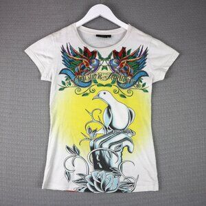 Christian Audigier Mother Mary Rhinestone all over Y2K Tee Womens Medium